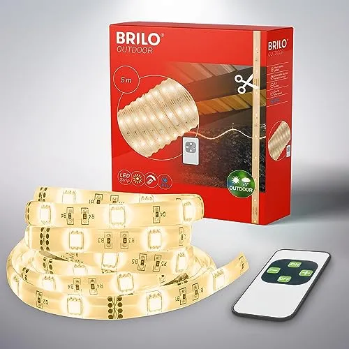 BRILONER 5m LED Strip für den Außenbereich – Deko Lichterkette mit Fernbedienung - LED Streifen 5m für Außen, spritzwassergeschützt mit IP44, dimmbar und ideal für Balkon- und Terrassenbeleuchtung.