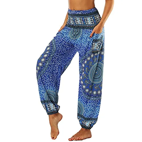 Nuofengkudu Frau Hippie Harems Hose Pumphose Haremshose Aladdinhosen Boho Gemustert Gesmockte Taille mit Taschen Yogahose Freizeithose Sommerhose Strandhose Blau Blume