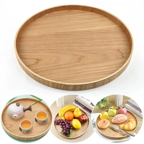 DTYGUIXE Holztablett Rund Serviertablett 30CM Holz Dekotablett Holz Serviertablett Rund Tablett Deko Bambustablett Esstablett für Getränke, Kaffee, Fernbedienungen, Schlüsseln, Schmuck, Kosmetika