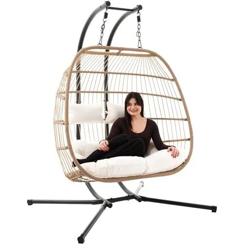 di volio Hängesessel mit Gestell RONA, Hängestuhl für 2 Personen, Hängeschaukel für Indoor & Outdoor, bis 200 kg belastbar, inkl. Kissen, Haus & Garten (Beige)