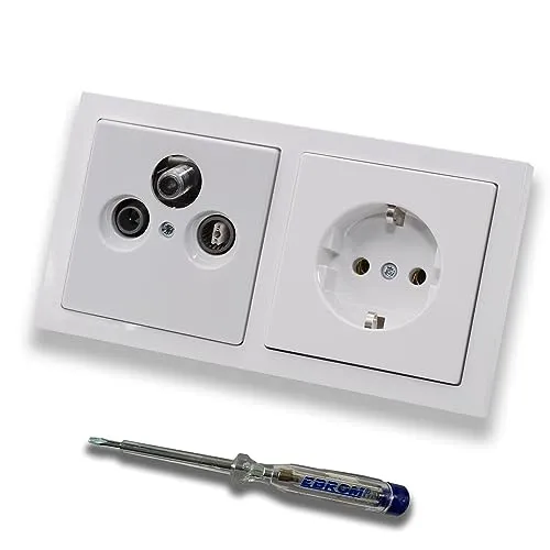 Busch Jäger SET: Unterputz 3-Loch Dose 47-2150 MHz, Enddose Stichdose, Radio/TV/SAT-Kompatibilität inkl. Future Linear Studioweiß Rahmen + Steckdose 20EUC-84 + EBROM Phasenprüfer zur Montage d. Geräte