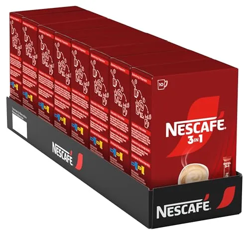 NESCAFÉ 3-in-1 Getränkepulver-Sticks, löslicher Bohnenkaffee mit Creamer & Zucker, Instant-Kaffee aus erlesenen Kaffeebohnen, koffeinhaltig, 8er Pack (8 x 10 Sticks à 15,5g)