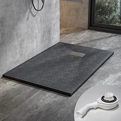 WITEN&NOCK Duschwanne 120x90 cm SMC Brausewanne Schwarz Steinoptik Antirutsch Duschtasse Höhe 3,2 cm Niedrige Schwelle Extraflach Brausetasse mit Ablaufgarnitur Ø 90 mm