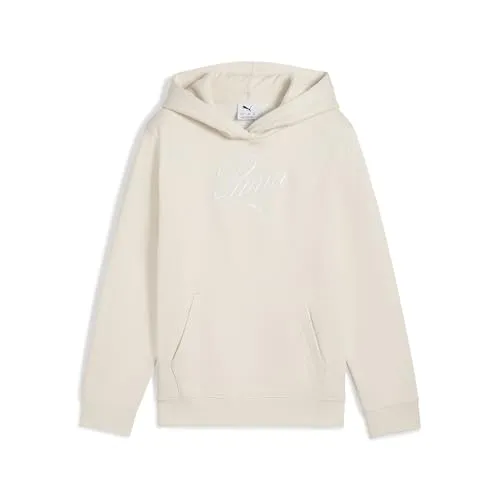 PUMA Essentials Script Hoodie Mädchen – Weiß (Alpine Snow) - Stylischer Hoodie für Kinder aus 68% Baumwolle, ideal für Schule und Freizeit. Bequeme Passform und zeitloses Design für jeden Tag.