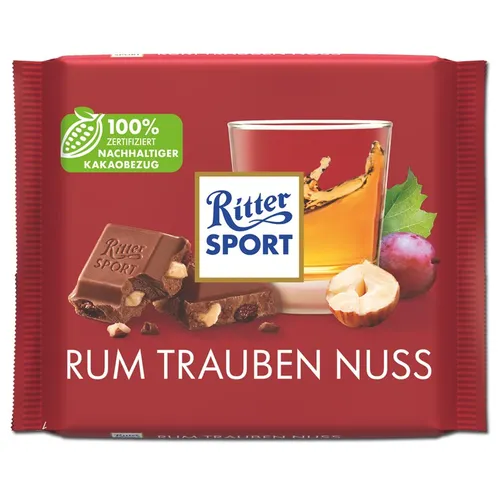 Ritter Sport Rum Trauben Nuss Schokolade, 100g Tafel - Tafelschokolade mit Vollmilchschokolade, Haselnüssen, Rum und Sultaninen – ein unwiderstehlicher Genuss für Schokoladenliebhaber!