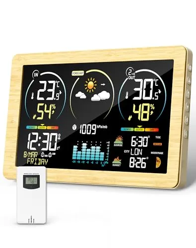 VOKSUN Funk-Wetterstation mit Außensensor & Farbdisplay – Wettervorhersage, Thermometer & Hygrometer