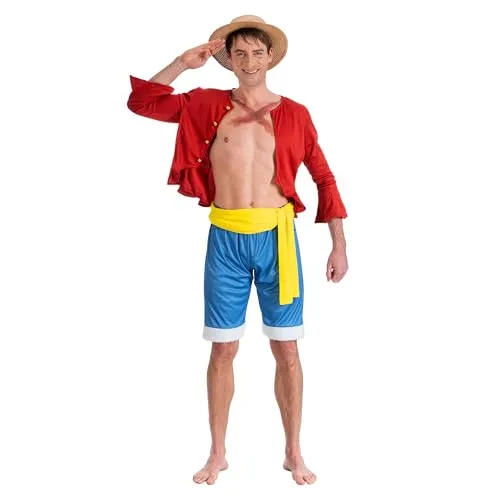 Chaks C4612M Luffy One Piece Kostüm für Erwachsene - Piraten-Abenteuer für Fasching - Kostüm-Outfits für Erwachsene mit 4-tlg. Set: Oberteil, Bermuda-Hose, Gürtel und Strohhut. Verkleide dich als Monkey D. Ruffy und erlebe spannende Partys und Mottopartys!