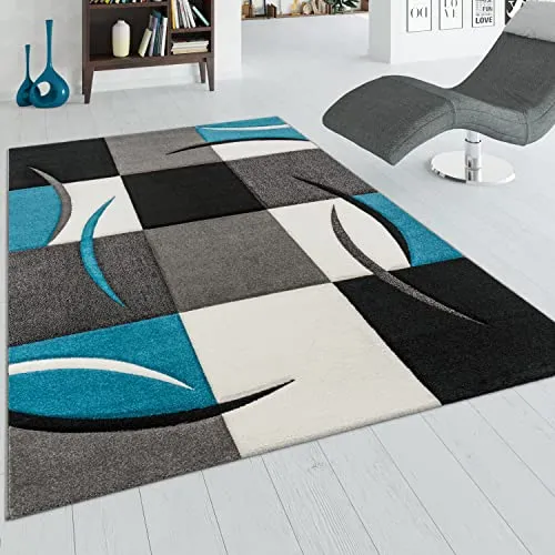 Paco Home Designer Teppich Türkis Grau 240x330 cm mit Konturenschnitt - Farbenfroher Teppich für das Kinderzimmer, robust und pflegeleicht. Der einzigartige Konturenschnitt sorgt für ein tolles Laufgefühl und lädt zum Spielen und Entspannen ein.