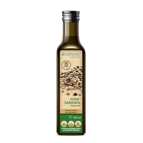 Hanfsamenöl 250 ml – Kaltgepresstes natürliches Öl aus Hanfsamen | Mild-nussiger Geschmack | Vielseitig für Küche und Pflege | Von BIOHERBA