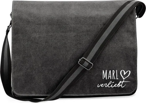 Huuraa Umhängetasche Marl verliebt 14 Liter Black Canvas Laptoptasche Geschenkidee