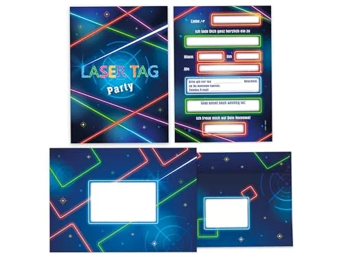 Limonia 12 Einladungskarten inkl. 12 Umschläge zum Kindergeburtstag Motto-Party Laser Tag neon Einladung Set Geburtstag Mädchen Kinder Jungs Jungen Boys Teenies