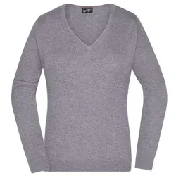 Damen V-Pullover JN658, grau heather, Größe L - Stylischer Damen V-Pullover in grau, Größe L | James & Nicholson aus leichter Baumwoll-Strickqualität mit tailliertem Schnitt, perfekt für den Alltag und maschinenwaschbar.