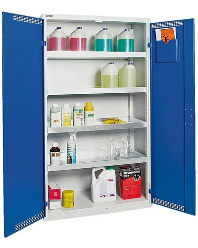 PROREGAL® Werkzeugschrank Gefahrstoffschrank 1 Tür HxBxT 180x50x50cm 4 Auffangwannen 10L Grau
