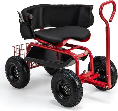 GOPLUS Rollsitz: Höhenverstellbarer Mobiler Gartensitz mit Stauraum - Motor-Gartengeräte Zubehör, höhenverstellbarer und drehbarer Sitz für rückenschonende Gartenarbeit, inkl. Stauraum für Werkzeuge und abnehmbarer Polsterung zur einfachen Reinigung.
