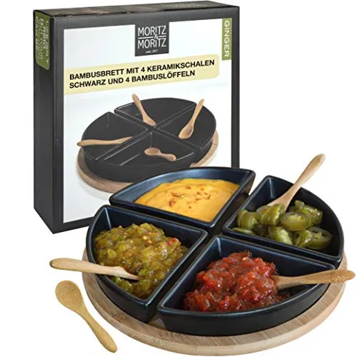 Moritz & Moritz 4x Schwarze Dipschalen Set mit Brett Holz - Dip Schälchen für Snacks - Snack Schalen Set Keramik - Dip Schalen Set - Kleine Schüsseln als Saucenschälchen, Snackschalen, Dessertschalen