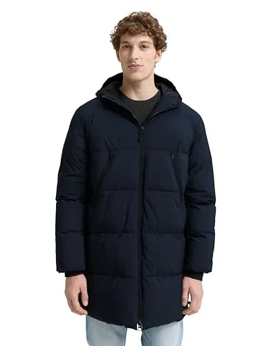 TOM TAILOR Denim Steppjacke mit Logo Print – Blau S (44/46) - Modische Steppjacke mit schmutz- und wasserabweisenden Eigenschaften. Ideal für jeden Tag, ausgestattet mit 3 Taschen und einer Kapuze für zusätzlichen Komfort.