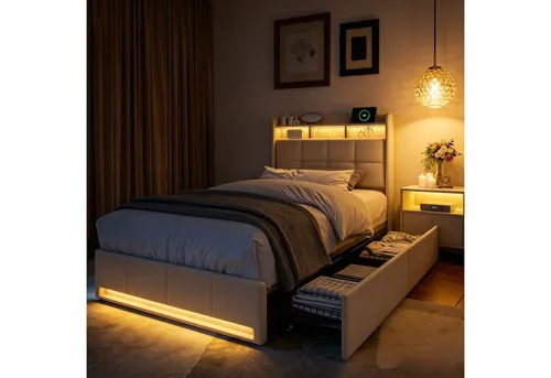 Furnishings Home Polsterbett 90x200 cm mit LED und Stauraum - Stilvolles Polsterbett 90x200 cm mit LED-Beleuchtung und praktischen Schubladen. Perfekt für ein modernes Schlafzimmer, vereint Komfort und Funktionalität in einem ansprechenden Design.