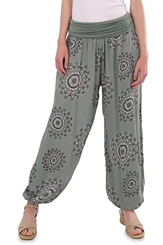 Malito - Damen Haremshose Orient Print aus Baumwolle - Leichte Stoffhose elastischer Bund - Aladinhose für Strand & Alltag - Pumphose für Frauen 7197 (Größe: 34-42 Oliv)