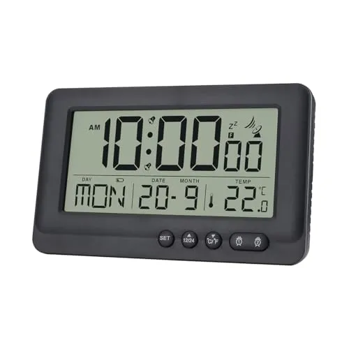 Teepacioka Funkwecker Digital mit Automatische Zeit, Datum, 5-Minuten Snooze, Temperaturanzeige, Kunststoff Digitaler Wecker, 2 x AAA-Batterie (Nicht im Lieferumfang enthalten) (Schwarz)