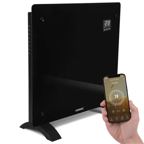 Vonroc Elektroheizung CH510AC - Energiesparende Konvektor-Heizung mit Smart-Funktion - Heizlüfter für Räume bis 12 m², mit moderner Tuya Smart Life-App steuerbar, eleganter Look durch Glasplatte und kindersicher mit Umkippschutz.