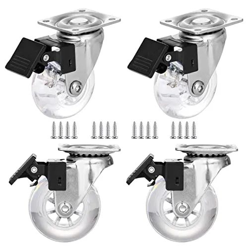 mm Rollräder-Set von 4, Schwere Lasten Rollräder mit Bremsen, kristallklarer Drehplatten-Rollräder, geräuschlose Sperrräder mit transparentem Polyurethan (PU) Rad 50