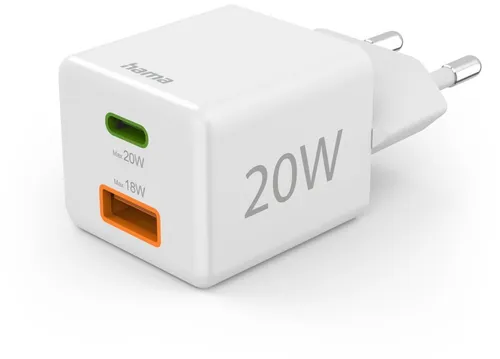 Hama 201991 Schnellladegerät - Mini-Ladegerät 20W mit USB-C PD und USB-A QC, schnelles und sicheres Laden für unterwegs