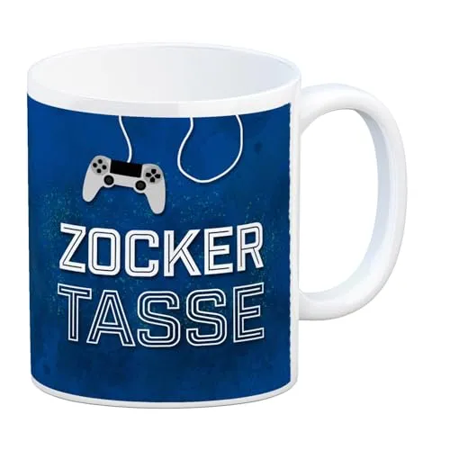 Zocker Kaffeebecher mit Controller Motiv und Spruch: Zocker Tasse Nerd Spiel