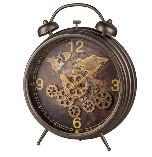 Kremers Schatzkiste Standuhr Weltkarte mit beweglichen Zahnrädern - Wanduhren – Stilvolle 50 cm große Standuhr aus Metall mit detailreicher Weltkarte und sichtbar beweglichen Zahnrädern, ideal für jedes Zuhause.