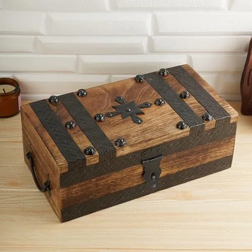Ajuny Handgefertigte Holz Schatztruhe aus Mangoholz mit Muschelstreifen Box