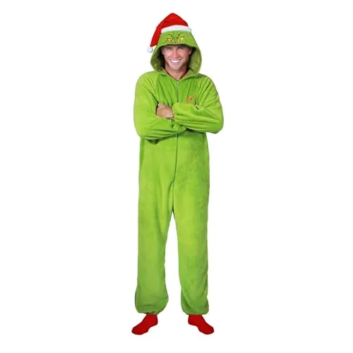 Chaks Grinch Kostüm Overall für Erwachsene – Jumpsuit für Karneval und Weihnachten - Leuchtend grüner Grinch Einteiler für Erwachsene: Ideal für Karneval und Weihnachtsfeiern, sorgt für Spaß und Aufsehen. Mit einer frechen Kapuze und rotem Schriftzug – perfekt für Grinch-Fans!