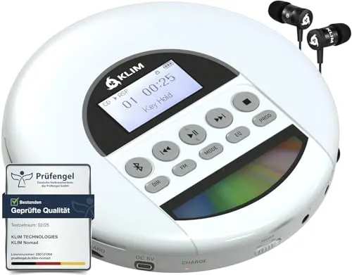 KLIM Nomad - Tragbarer CD-Player 2024, langlebiger Akku, Bluetooth, FM-Radio und Anti-Schock Schutz für unterbrechungsfreies Hören