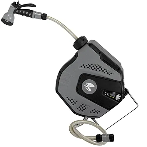 Yerd Schlauchaufroller 10 Meter - Automatische Schlauchtrommel mit 10m Gewebe-Gartenschlauch und 7-fach verstellbarer Gartenbrause. Ideal für kleine Gärten, schwenkbar und elegant im YERD Design.