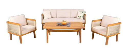 Beige Lounge Möbel Set – Gartenmöbel Sofa mit Couchtisch und Sessel - Moderne Sitzgruppe für den Außenbereich, bestehend aus einem 3-Sitzer Sofa, 2 Sesseln und einem Couchtisch. UV-geschützt und wasserresistent, ideal für entspannte Stunden im Garten.