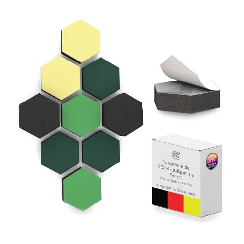 PolySound ECO Akustikpaneele selbstklebend - 9er Set 3D-Schaumstoff (3-10 cm), Hohe Schalldämmung (αw 0,9), Rückstandslos Ablösbar, Jungle Jive