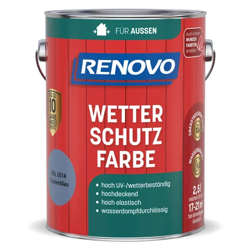 Renovo Wetterschutzfarbe taubenblau RAL 5014 - 2,5 l Deckfarbe - Innen- & Außenfarben, UV-beständige und farbechte Deckfarbe für Holz, ideal für langlebigen Wetterschutz, glänzendes Finish, einfache Verarbeitung.