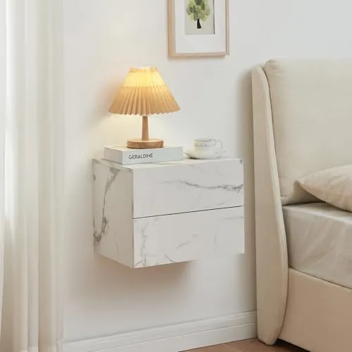 [en.casa] Nachtschrank Ampfing Nachttisch hängend Marmoroptik, weiß Nachtkästchen mit 2 Schubladen Wandkonsole Hängeschrank Schweberegal 40 x 29 x 30 cm