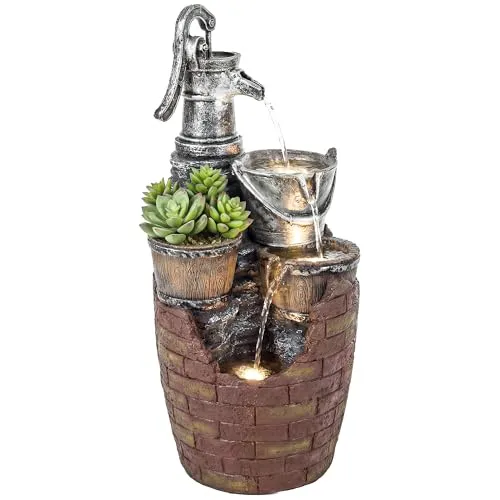 Rustikaler 4-stufiger Gartenbrunnen mit LED-Beleuchtung