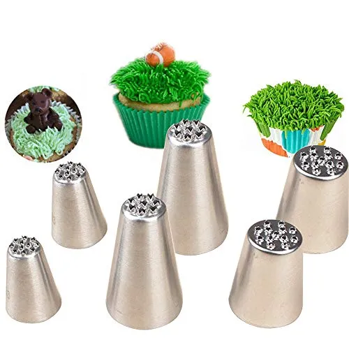 Produktbild BLUGUL 6 Stück Grastülle, Gras Spritztülle, Multi-Öffnungstülle aus Edelstahl, für Kuchen, Cupcakes, Kekse, Dessertdekoration, Gebäckherstellung