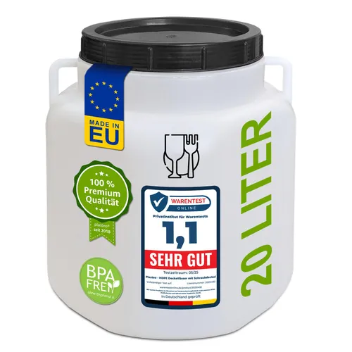 plasteo® 20 Liter Weithalsfass natur mit Deckel und Griffen, Lebensmittelecht BPA-Frei Campingtonne Sauerkrautfass Futtertonne Schraubdeckelbehälter