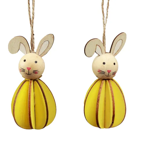 Osterdeko Hängedeko Holz Osterhasen Gelb 8er Set - 8 rustikale Hängedekorationen aus Holz in fröhlichem Gelb, ideal für eine festliche Osteratmosphäre. Perfekt zum Dekorieren von Zweigen oder Fenstern.