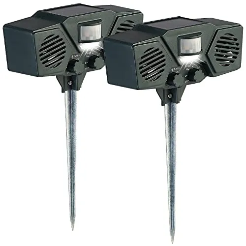 Exbuster Wildabwehr: 2er-Set Duo-Ultraschall-Solar-Tierschreck, Blitzlicht, Bewegungssensor (Solar-Ultraschall-Tierabwehr, Tierscheuche, LED Lampe Bewegung)