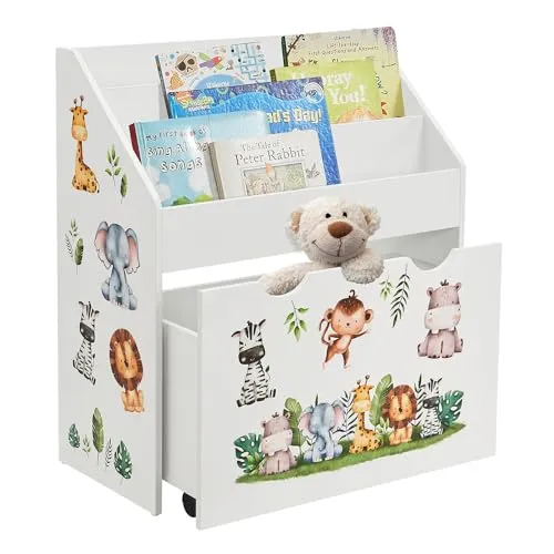 Juskys Kinder Bücherregal mit Spielzeugkiste - 2-in-1 Holz Regal für Kinderzimmer - Praktisches 2-in-1 Bücherregal mit 3 Fächern und herausziehbarer Spielzeugkiste; fördert die Selbstständigkeit und Ordnung im Kinderzimmer. Ideal für Kleinkinder!