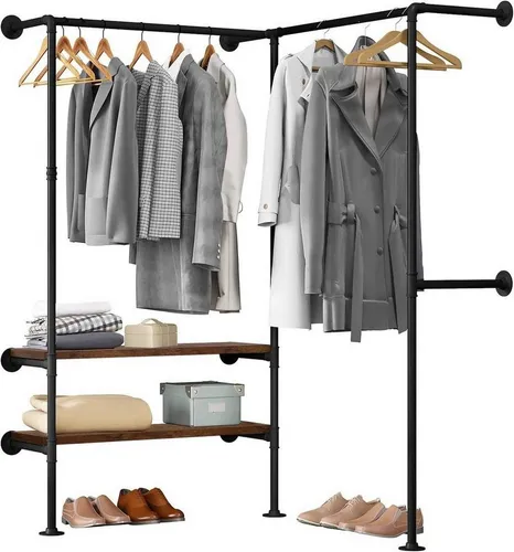 WOLTU Kleiderstange mit Regalen - Platzsparende Eckgarderobe für begehbaren Kleiderschrank, robustes Stahlrohrdesign mit mattschwarzer Lackierung für Langlebigkeit und modernen Industrie-Stil.