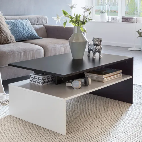 Wohnzimmertisch 90 x 43 x 60 cm mit Ablage Holz Schwarz / Weiß, Design Wohnzimmer Couchtisch zweiteilig mit Stauraum, Sofatisch eckig Kaffeetisch modern, Loungetisch groß & hoch