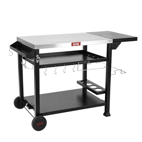 Feasto 40 x 26 3-stöckiger Grillwagen, Edelstahl-Tischplatte | Pizzaofentisch, Pizzaofenständer, Grillrost mit Rädern für Lebensmittelzubereitung, Outdoor & Indoor, Esszimmer