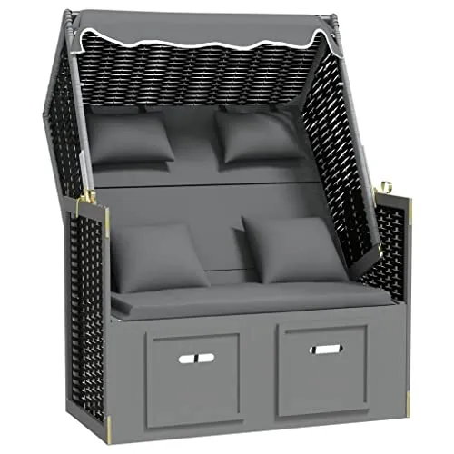 vidaXL Strandkorb mit Kissen aus Poly Rattan und massivem Holz