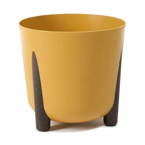 HowHomely Gelb Blumentopf Kunststoff mit Braunen Füßen | Pflanzschalen Ø 25,5 x H 25,3 cm | Leichter und Stabiler Blumenübertopf für Indoor oder Balkon und Terrasse