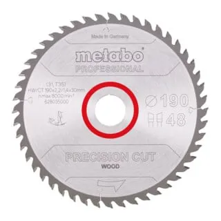 Metabo Kreissägeblatt Precision Cut Wood Professional 190mm - Metallkreissägeblätter für präzise Längs- und Querschnitte in Holz. Beste Hartmetallqualität mit 48 feingeschliffenen Zähnen für geräuscharme, vibrationsminimierte Schnitte. Made in Germany.