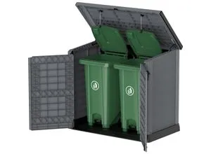 Duramax Cedargrain StoreAway 1200L Gartenhaus - Mülltonnenbox aus witterungsbeständigem Kunststoff, ideal für die Aufbewahrung von 2x 240L Mülltonnen und Gartenutensilien. Inklusive hydraulischem Deckelöffner für einfachen Zugang.