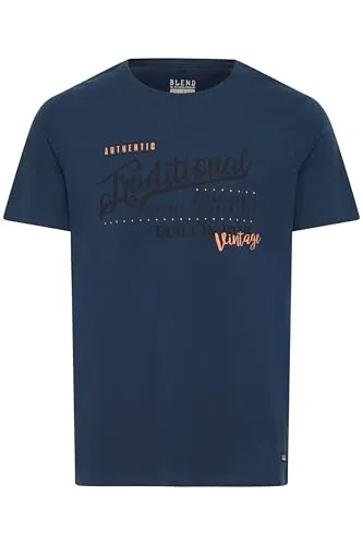 Blend BHDoppler Herren T-Shirt Kurzarm Shirt mit Print Rundhals-Ausschnitt 100% Baumwolle Regular fit, Größe:M, Farbe:Mood Indigo (74648)